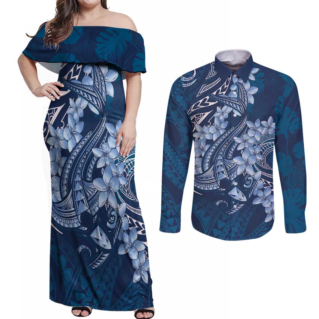 Navy Blue Polynesia Hammerhead Shark Tattoo With Plumeria Lei Couples Matching Off Shoulder Maxi Dress and Long Sleeve Button Shirt