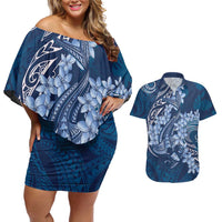 Navy Blue Polynesia Hammerhead Shark Tattoo With Plumeria Lei Couples Matching Off Shoulder Short Dress and Hawaiian Shirt