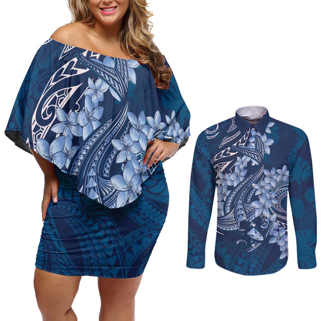 Navy Blue Polynesia Hammerhead Shark Tattoo With Plumeria Lei Couples Matching Off Shoulder Short Dress and Long Sleeve Button Shirt