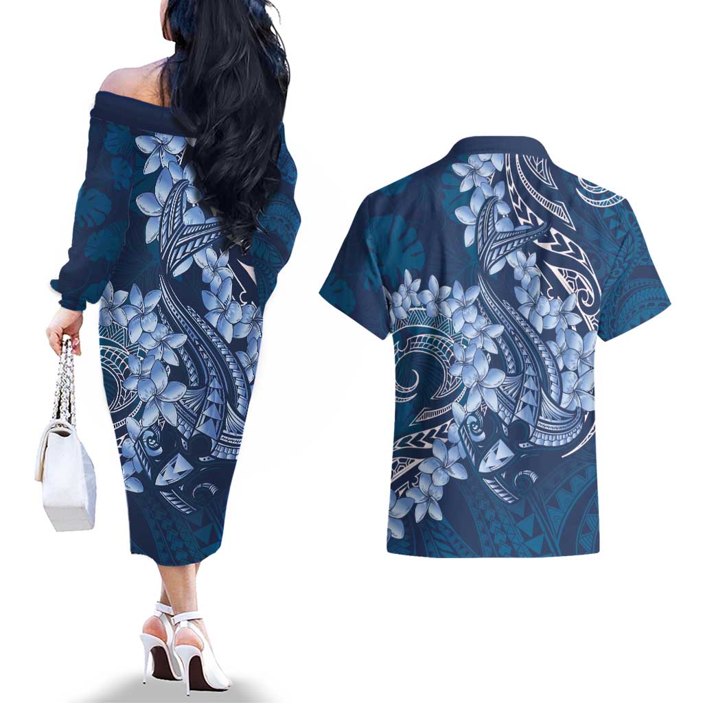 Navy Blue Polynesia Hammerhead Shark Tattoo With Plumeria Lei Couples Matching Off The Shoulder Long Sleeve Dress and Hawaiian Shirt