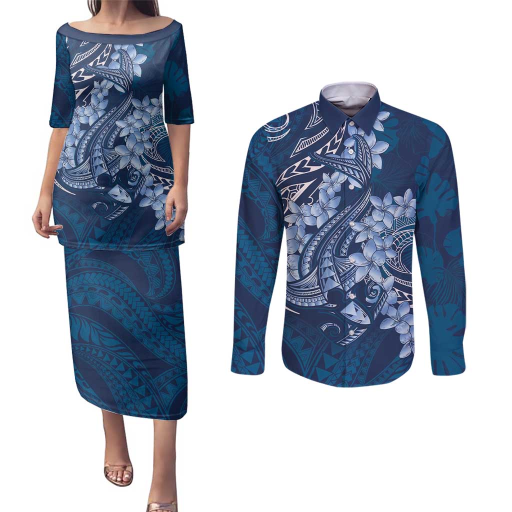 Navy Blue Polynesia Hammerhead Shark Tattoo With Plumeria Lei Couples Matching Puletasi and Long Sleeve Button Shirt