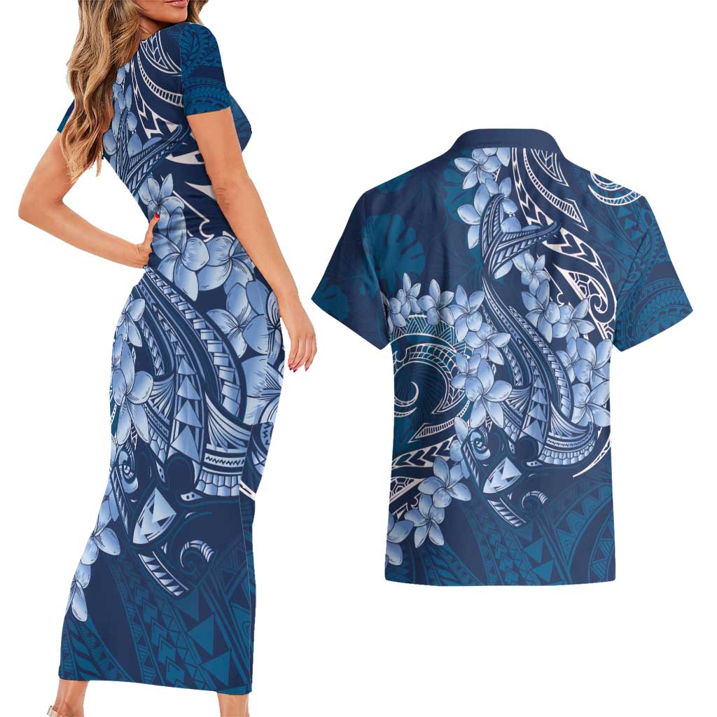 Navy Blue Polynesia Hammerhead Shark Tattoo With Plumeria Lei Couples Matching Short Sleeve Bodycon Dress and Hawaiian Shirt