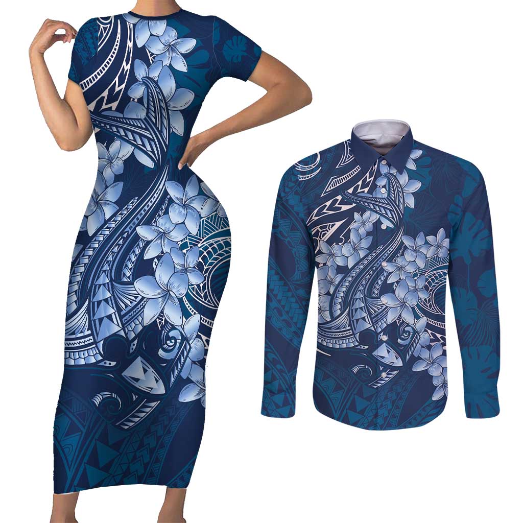 Navy Blue Polynesia Hammerhead Shark Tattoo With Plumeria Lei Couples Matching Short Sleeve Bodycon Dress and Long Sleeve Button Shirt