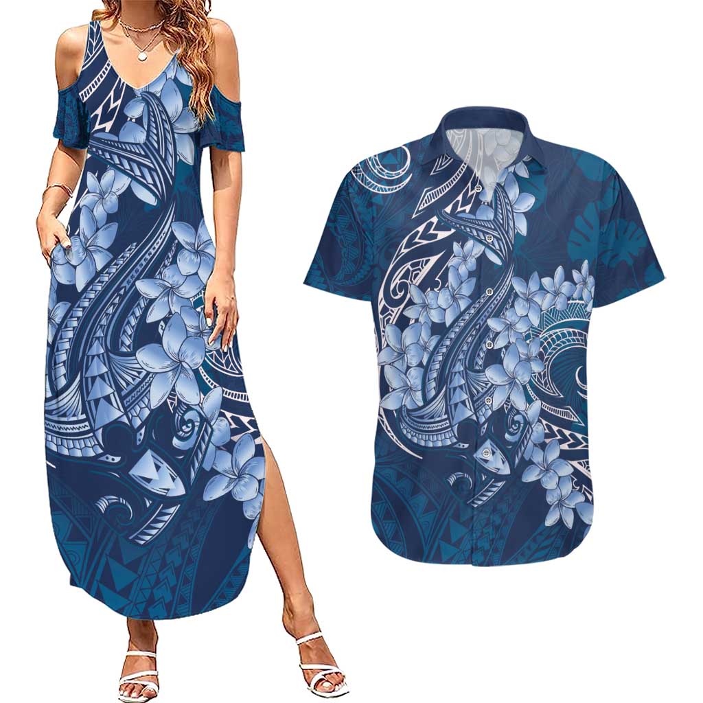 Navy Blue Polynesia Hammerhead Shark Tattoo With Plumeria Lei Couples Matching Summer Maxi Dress and Hawaiian Shirt