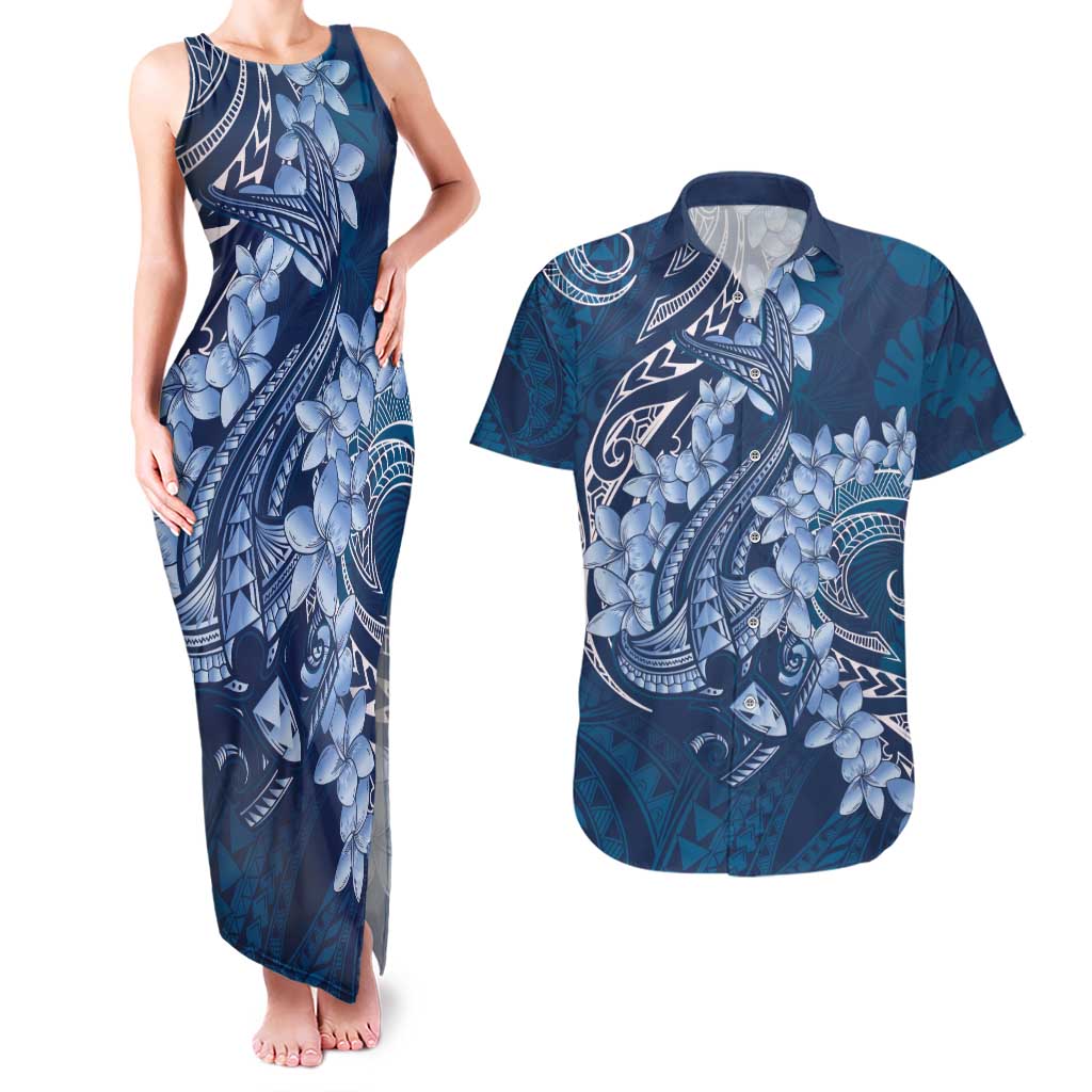 Navy Blue Polynesia Hammerhead Shark Tattoo With Plumeria Lei Couples Matching Tank Maxi Dress and Hawaiian Shirt