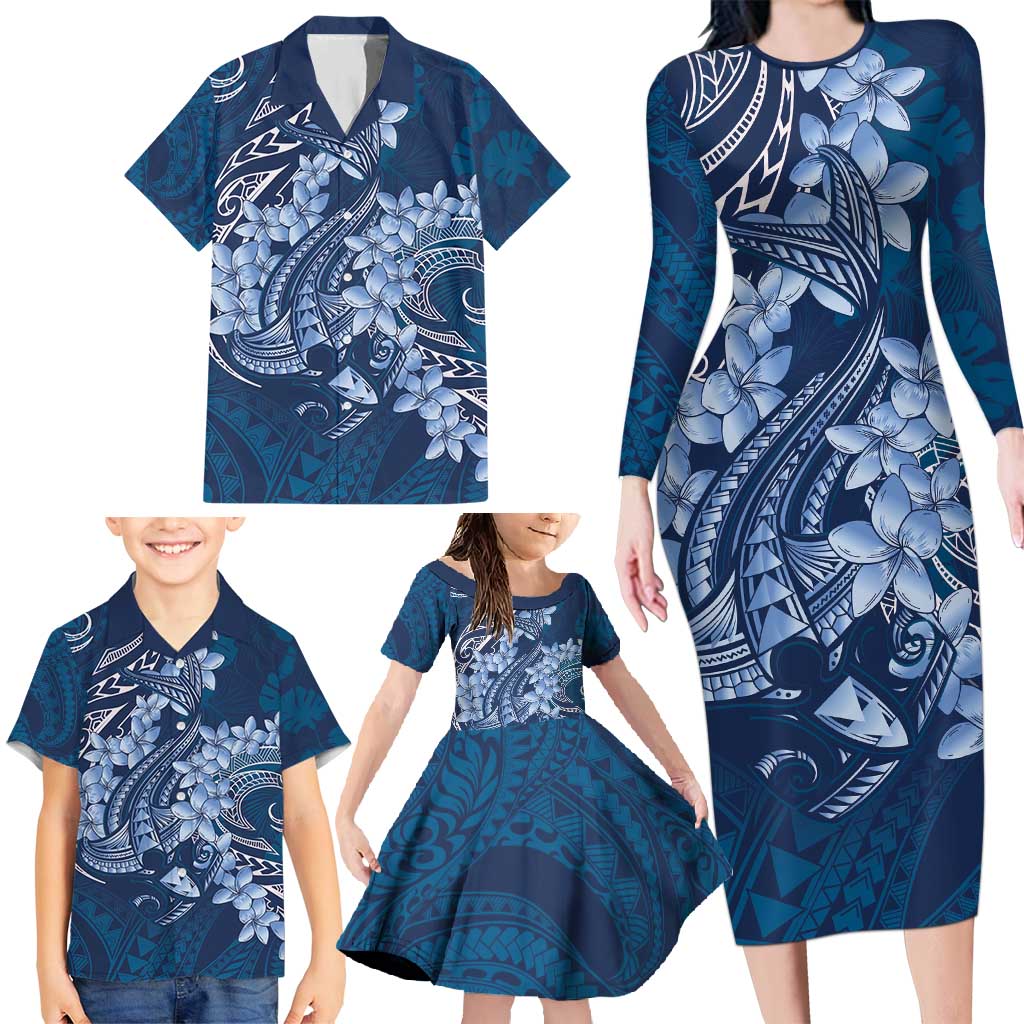 Navy Blue Polynesia Hammerhead Shark Tattoo With Plumeria Lei Family Matching Long Sleeve Bodycon Dress and Hawaiian Shirt