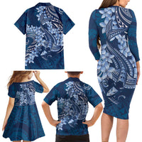 Navy Blue Polynesia Hammerhead Shark Tattoo With Plumeria Lei Family Matching Long Sleeve Bodycon Dress and Hawaiian Shirt