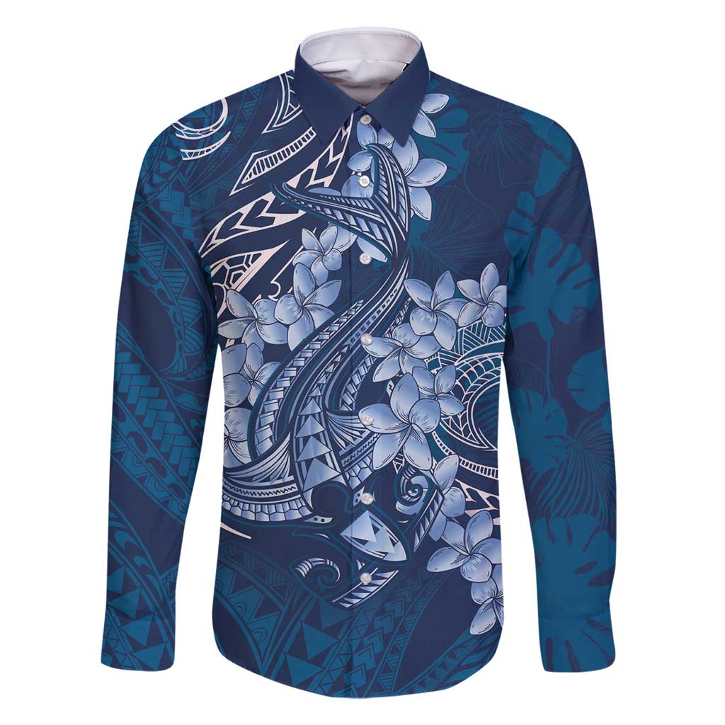 Navy Blue Polynesia Hammerhead Shark Tattoo With Plumeria Lei Family Matching Long Sleeve Bodycon Dress and Hawaiian Shirt