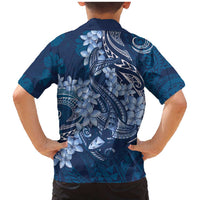 Navy Blue Polynesia Hammerhead Shark Tattoo With Plumeria Lei Family Matching Mermaid Dress and Hawaiian Shirt