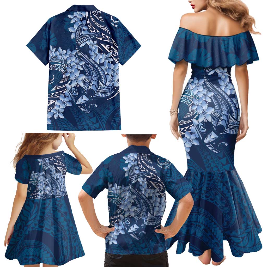 Navy Blue Polynesia Hammerhead Shark Tattoo With Plumeria Lei Family Matching Mermaid Dress and Hawaiian Shirt