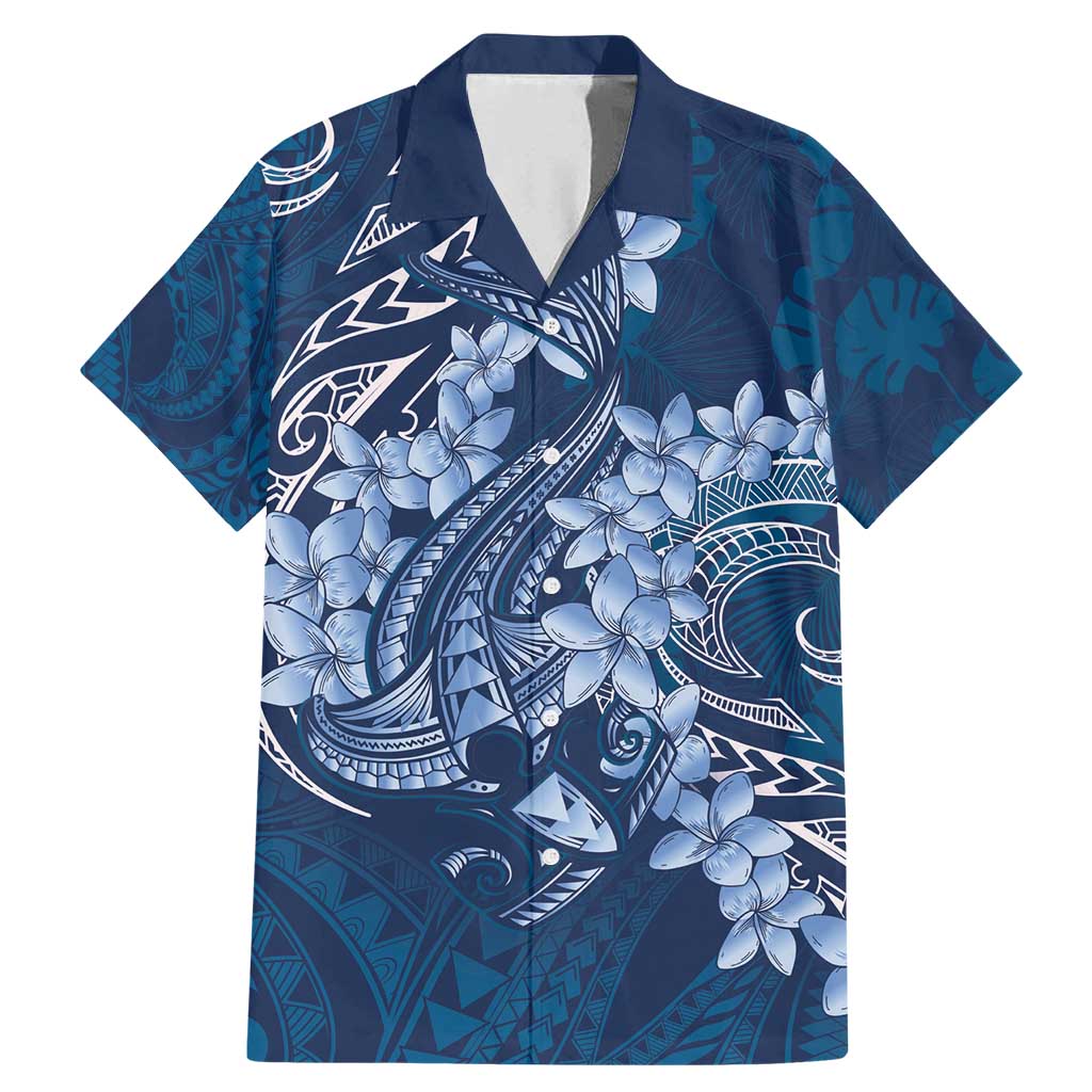 Navy Blue Polynesia Hammerhead Shark Tattoo With Plumeria Lei Family Matching Mermaid Dress and Hawaiian Shirt