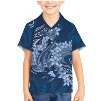 Navy Blue Polynesia Hammerhead Shark Tattoo With Plumeria Lei Family Matching Mermaid Dress and Hawaiian Shirt