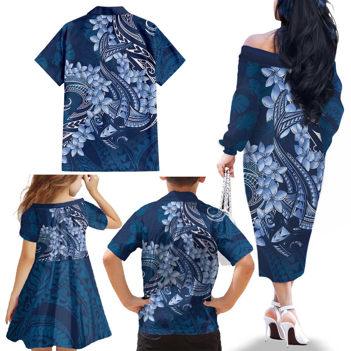 Navy Blue Polynesia Hammerhead Shark Tattoo With Plumeria Lei Family Matching Off The Shoulder Long Sleeve Dress and Hawaiian Shirt