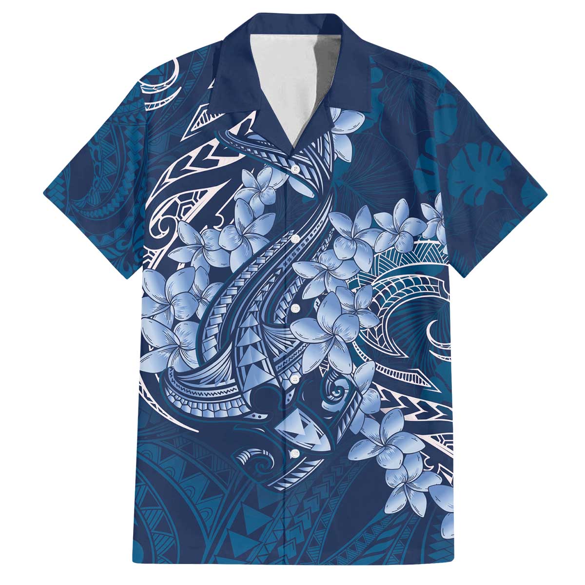 Navy Blue Polynesia Hammerhead Shark Tattoo With Plumeria Lei Family Matching Off The Shoulder Long Sleeve Dress and Hawaiian Shirt