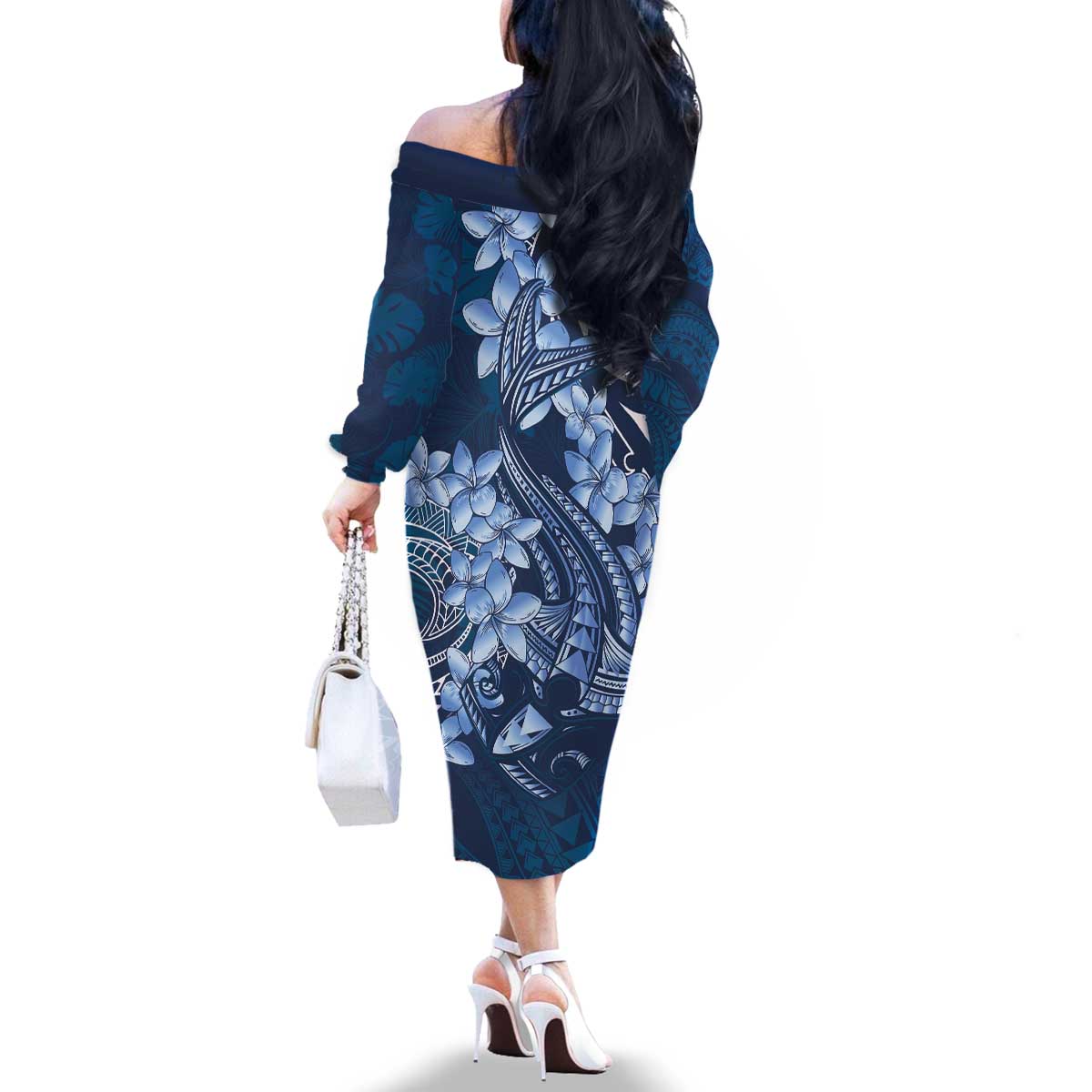 Navy Blue Polynesia Hammerhead Shark Tattoo With Plumeria Lei Family Matching Off The Shoulder Long Sleeve Dress and Hawaiian Shirt