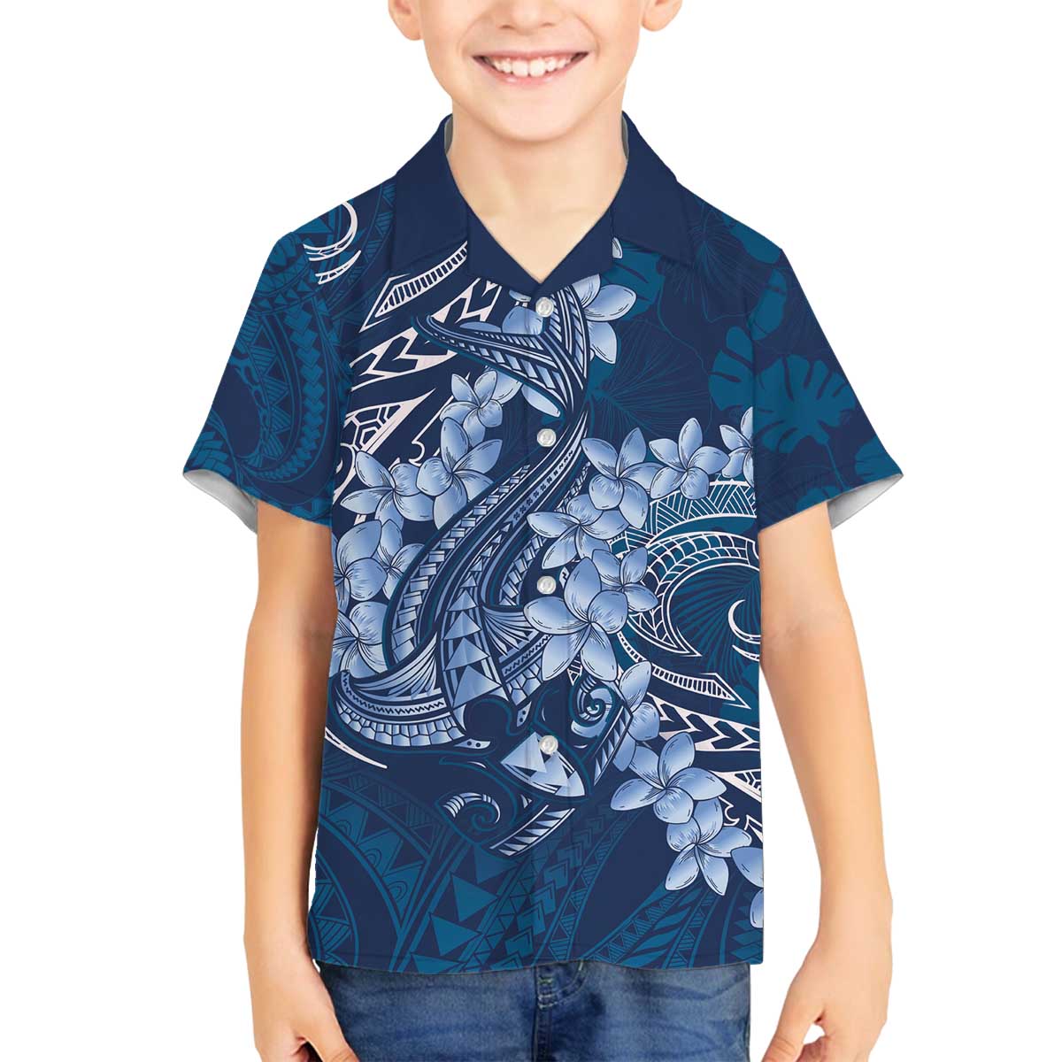 Navy Blue Polynesia Hammerhead Shark Tattoo With Plumeria Lei Family Matching Off The Shoulder Long Sleeve Dress and Hawaiian Shirt