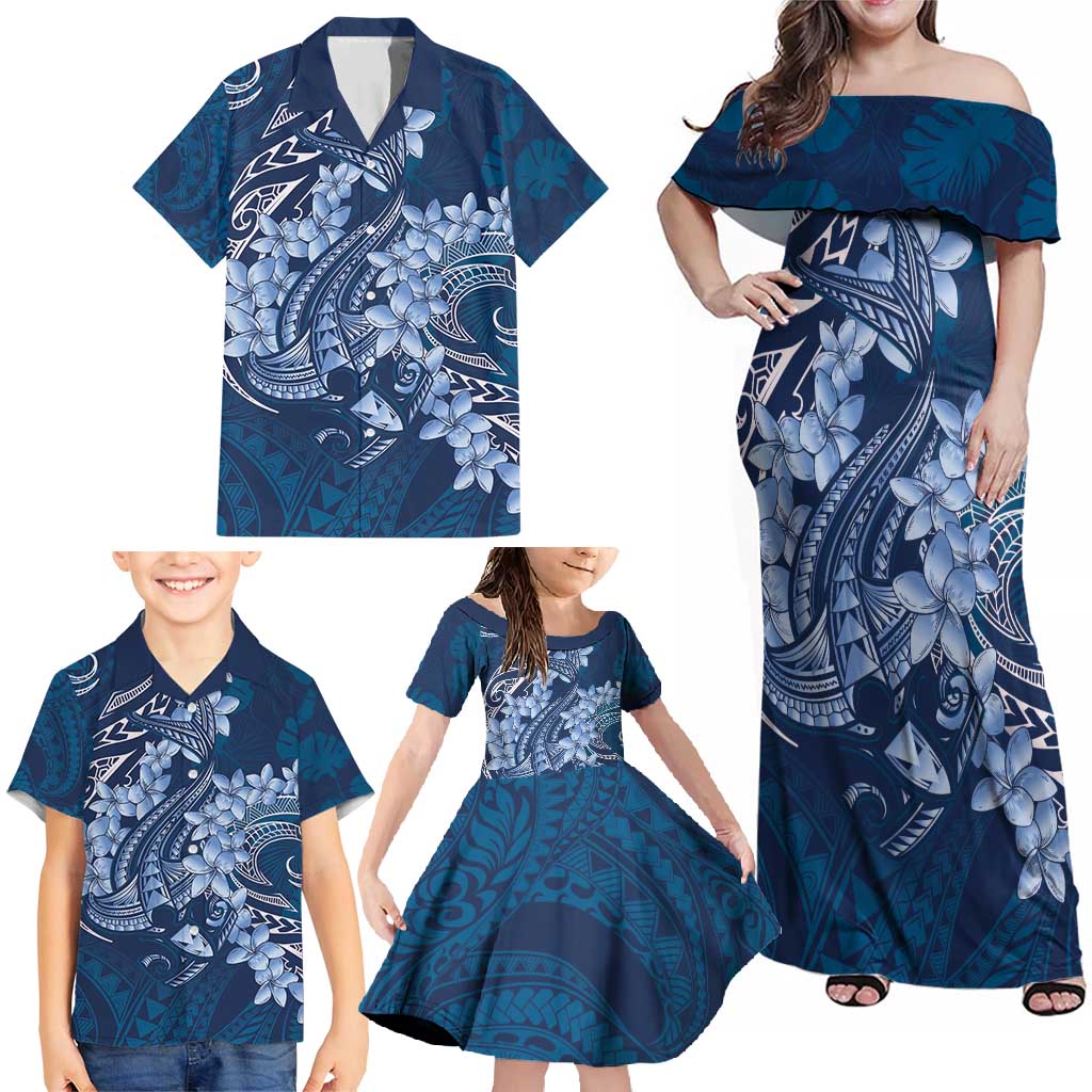 Navy Blue Polynesia Hammerhead Shark Tattoo With Plumeria Lei Family Matching Off Shoulder Maxi Dress and Hawaiian Shirt