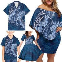 Navy Blue Polynesia Hammerhead Shark Tattoo With Plumeria Lei Family Matching Off Shoulder Short Dress and Hawaiian Shirt
