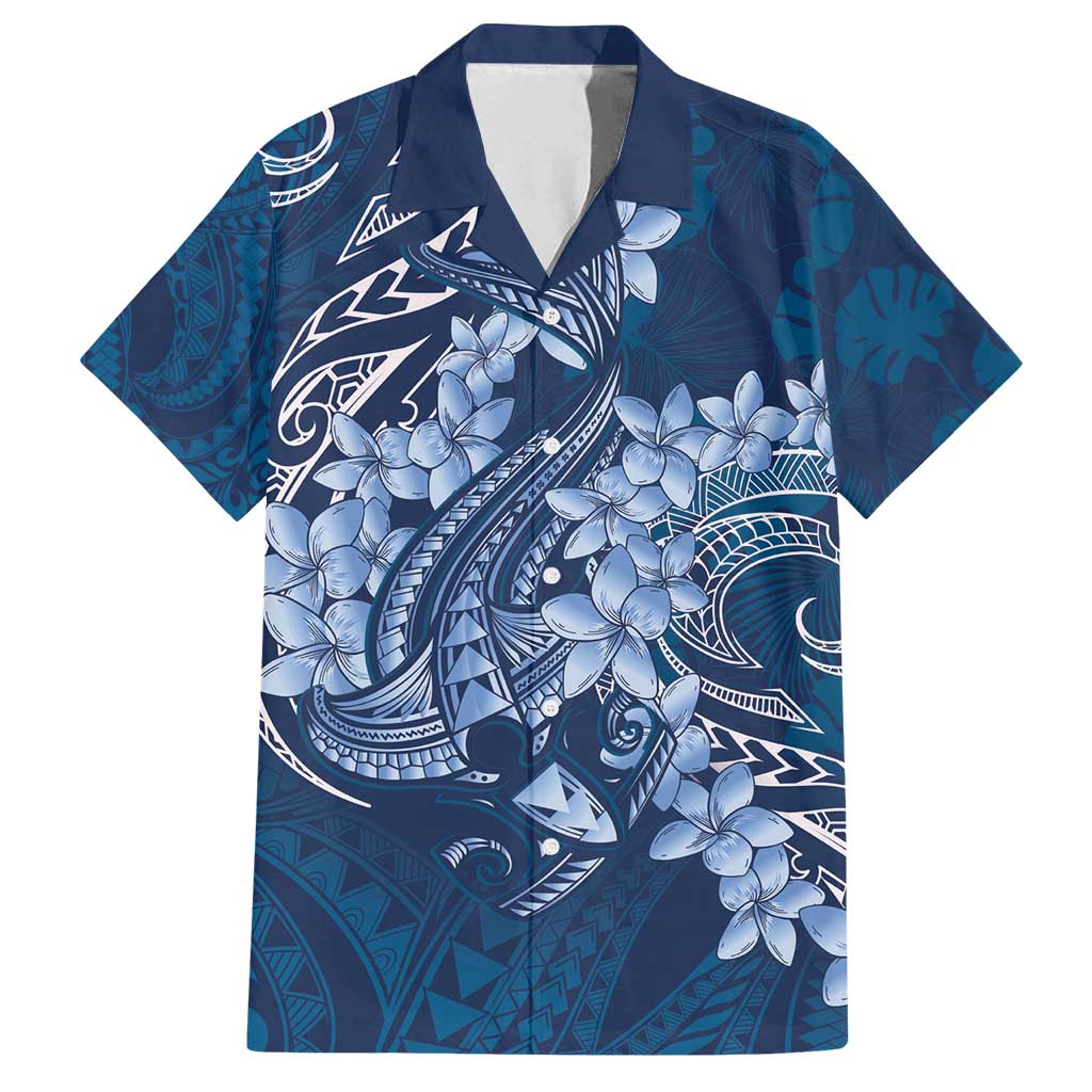 Navy Blue Polynesia Hammerhead Shark Tattoo With Plumeria Lei Family Matching Off Shoulder Short Dress and Hawaiian Shirt