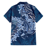 Navy Blue Polynesia Hammerhead Shark Tattoo With Plumeria Lei Family Matching Off Shoulder Short Dress and Hawaiian Shirt