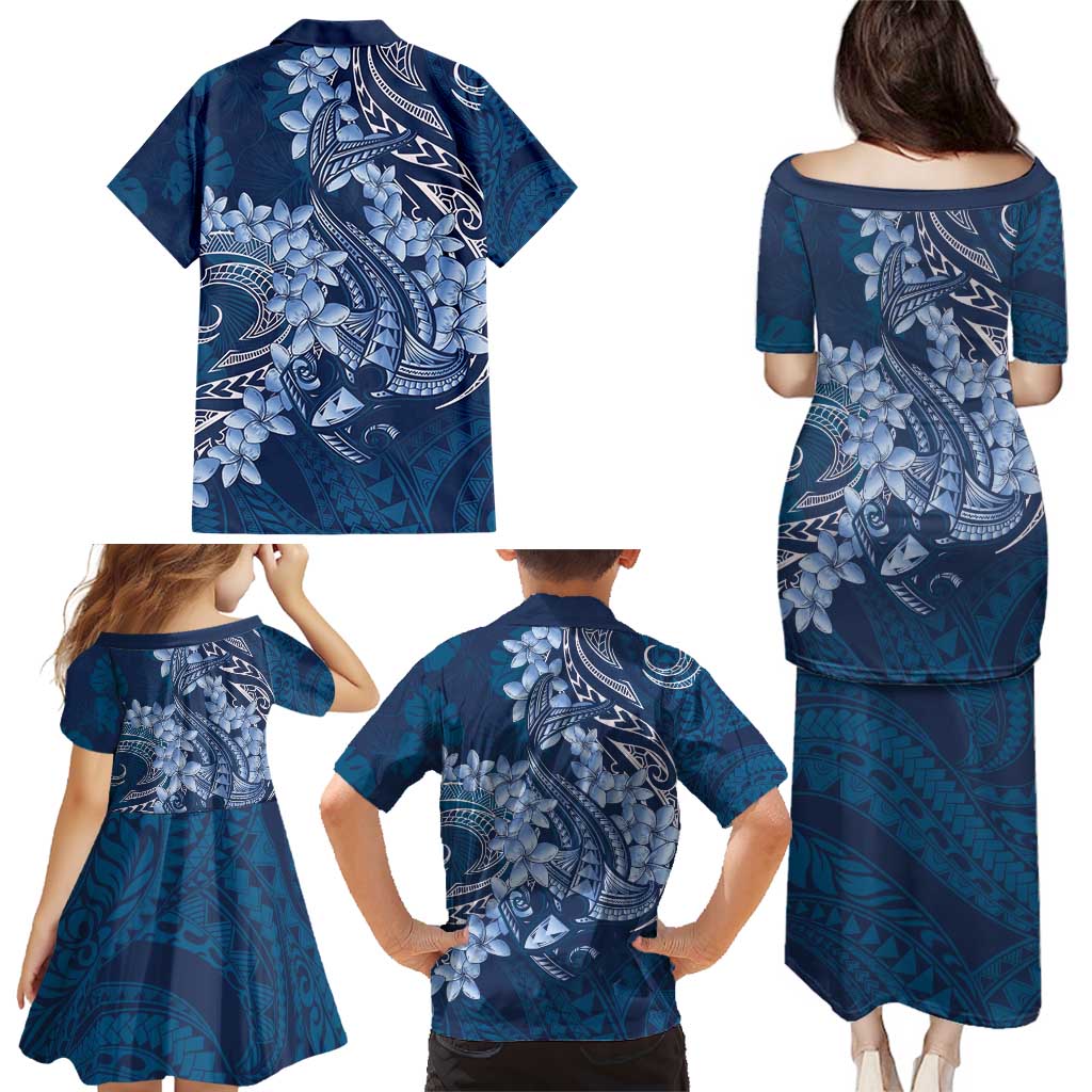 Navy Blue Polynesia Hammerhead Shark Tattoo With Plumeria Lei Family Matching Puletasi and Hawaiian Shirt