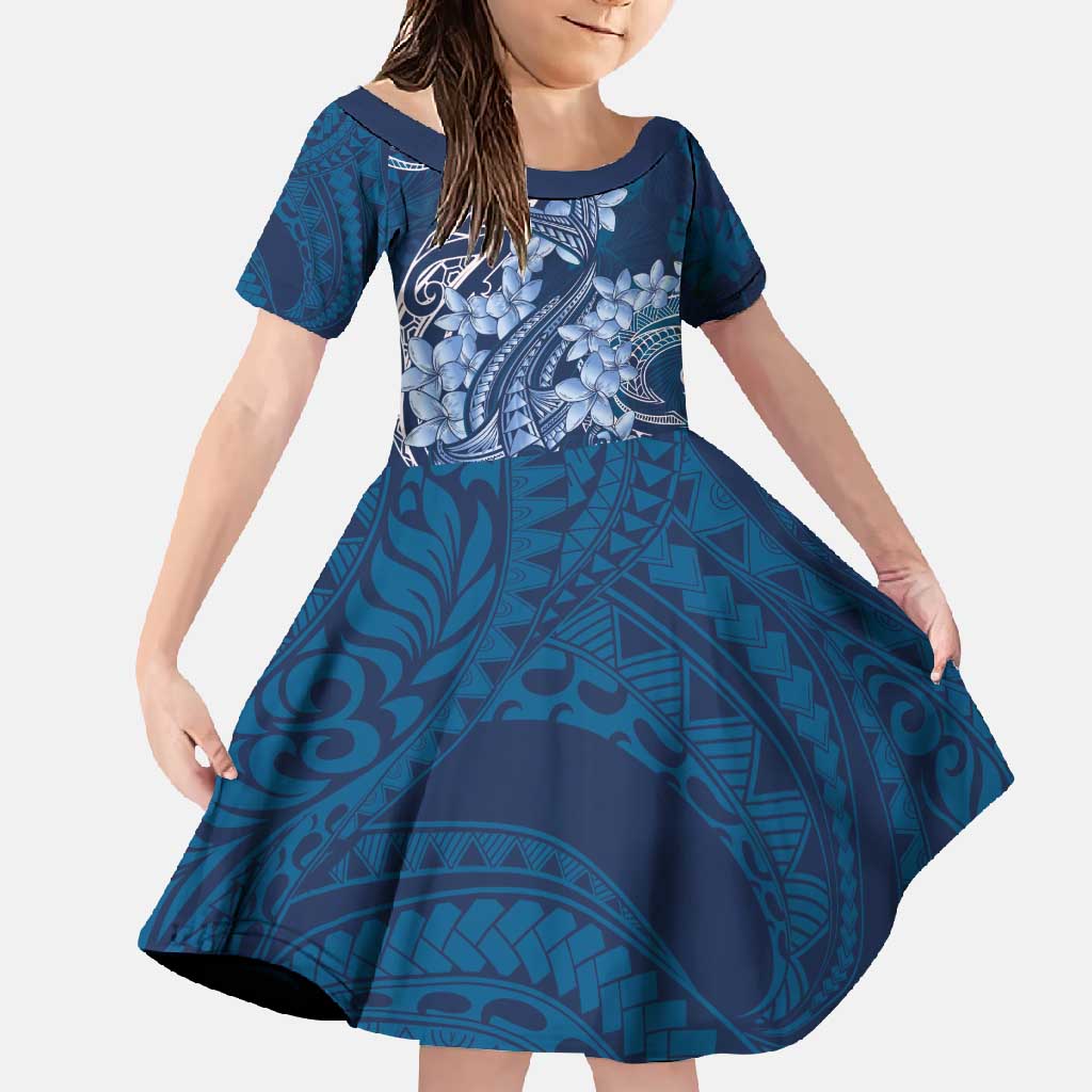 Navy Blue Polynesia Hammerhead Shark Tattoo With Plumeria Lei Family Matching Short Sleeve Bodycon Dress and Hawaiian Shirt