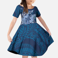 Navy Blue Polynesia Hammerhead Shark Tattoo With Plumeria Lei Family Matching Short Sleeve Bodycon Dress and Hawaiian Shirt