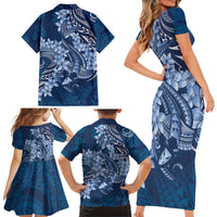 Navy Blue Polynesia Hammerhead Shark Tattoo With Plumeria Lei Family Matching Short Sleeve Bodycon Dress and Hawaiian Shirt