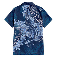 Navy Blue Polynesia Hammerhead Shark Tattoo With Plumeria Lei Family Matching Short Sleeve Bodycon Dress and Hawaiian Shirt
