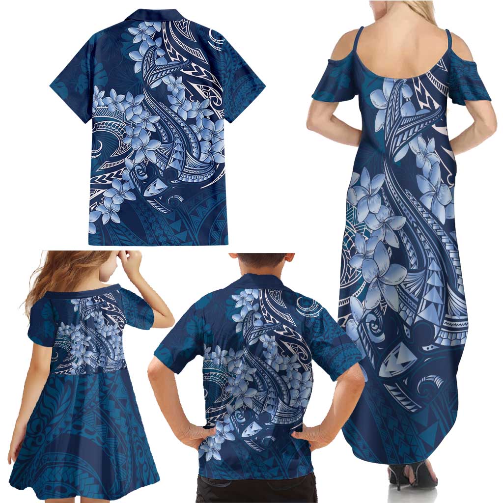 Navy Blue Polynesia Hammerhead Shark Tattoo With Plumeria Lei Family Matching Summer Maxi Dress and Hawaiian Shirt