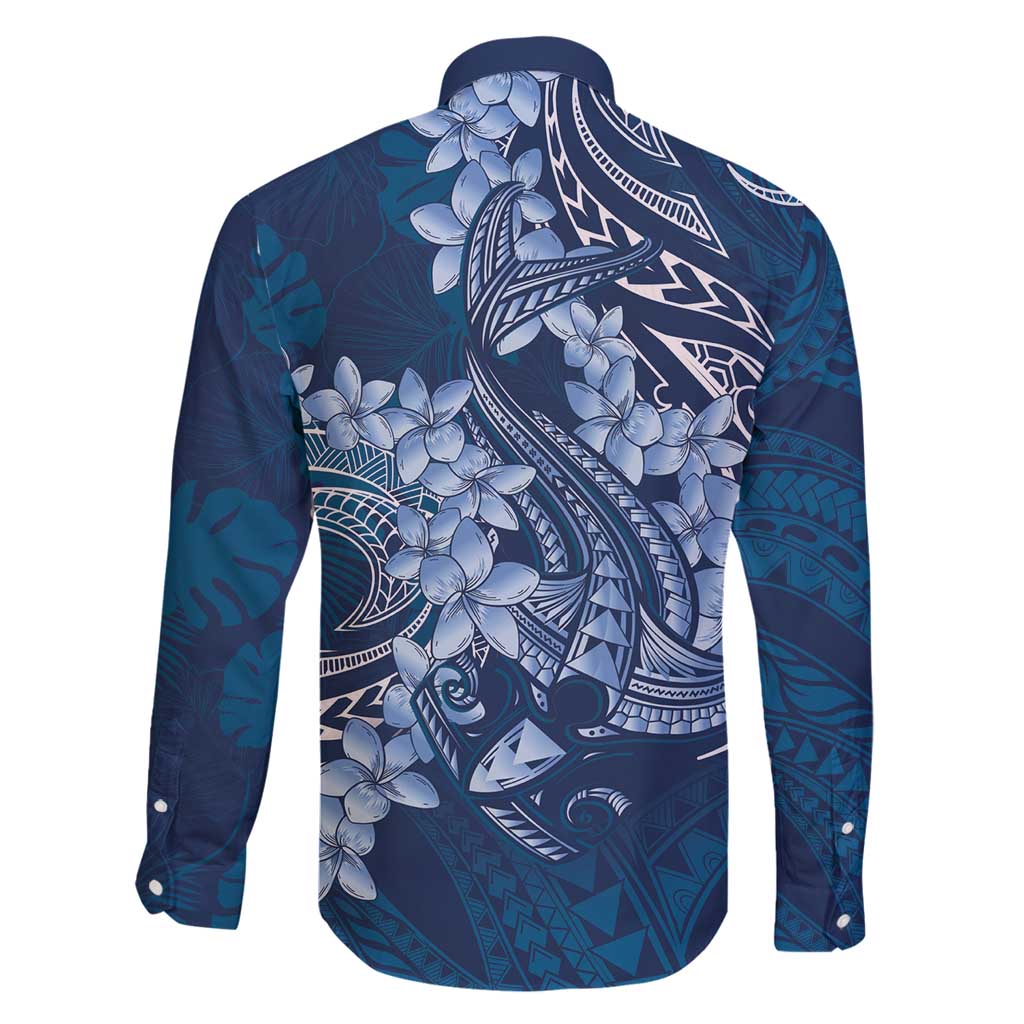 Navy Blue Polynesia Hammerhead Shark Tattoo With Plumeria Lei Family Matching Summer Maxi Dress and Hawaiian Shirt