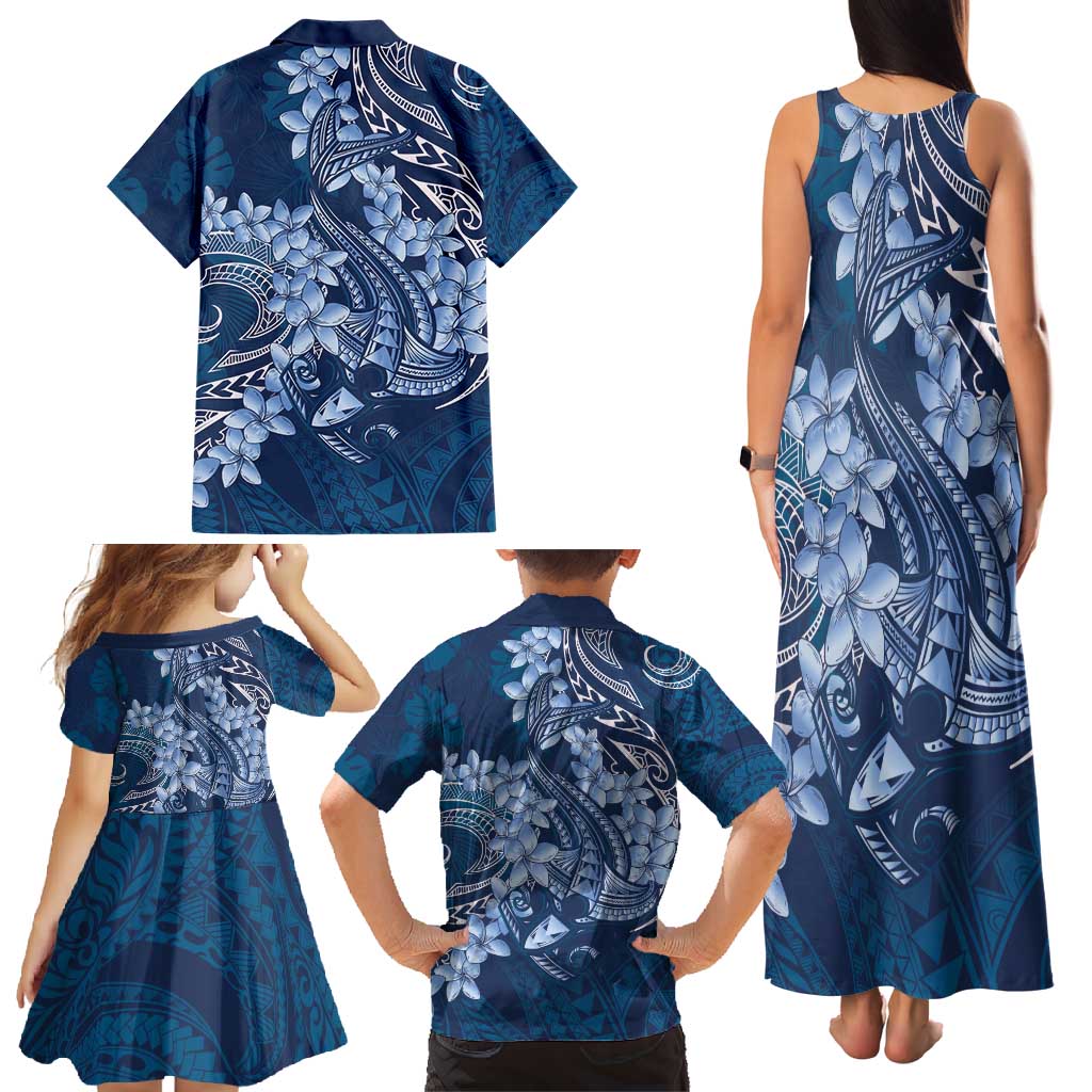 Navy Blue Polynesia Hammerhead Shark Tattoo With Plumeria Lei Family Matching Tank Maxi Dress and Hawaiian Shirt
