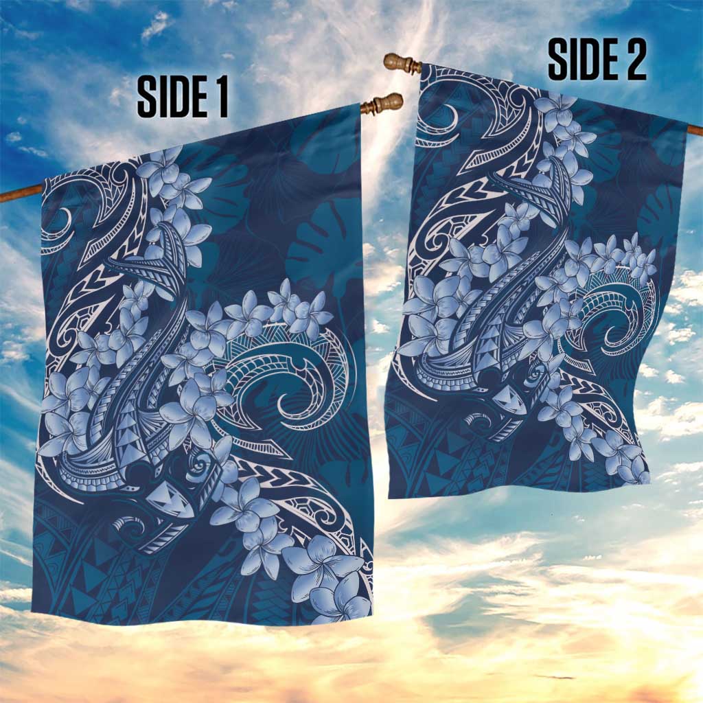 Navy Blue Polynesia Hammerhead Shark Tattoo With Plumeria Lei Garden Flag