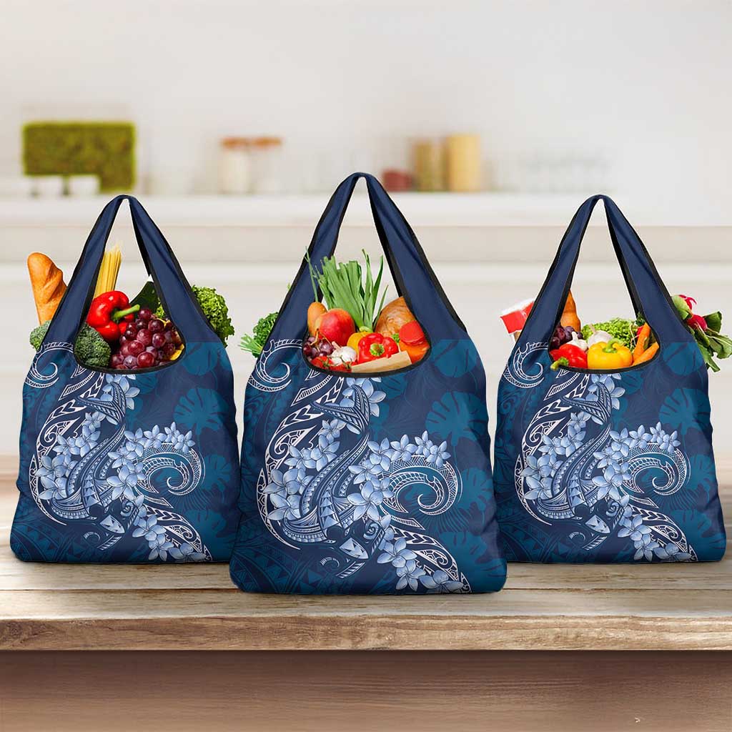 Navy Blue Polynesia Hammerhead Shark Tattoo With Plumeria Lei Grocery Bag