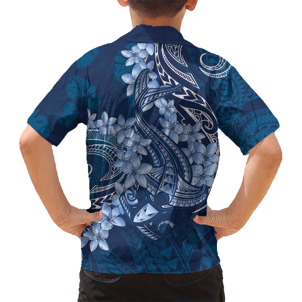Navy Blue Polynesia Hammerhead Shark Tattoo With Plumeria Lei Hawaiian Shirt
