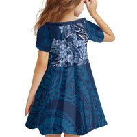 Navy Blue Polynesia Hammerhead Shark Tattoo With Plumeria Lei Kid Short Sleeve Dress LT14 - Polynesian Pride