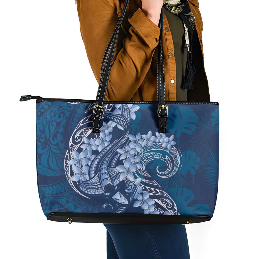 Navy Blue Polynesia Hammerhead Shark Tattoo With Plumeria Lei Leather Tote Bag