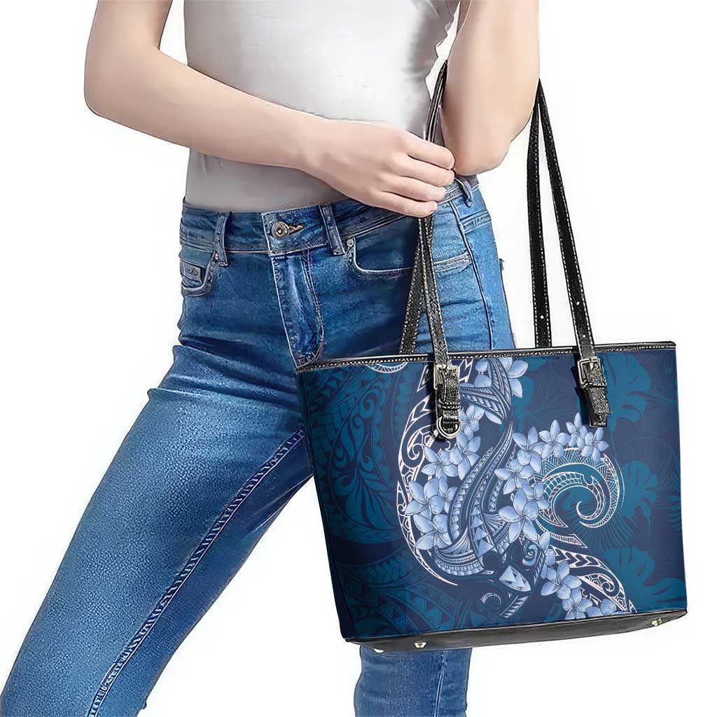 Navy Blue Polynesia Hammerhead Shark Tattoo With Plumeria Lei Leather Tote Bag