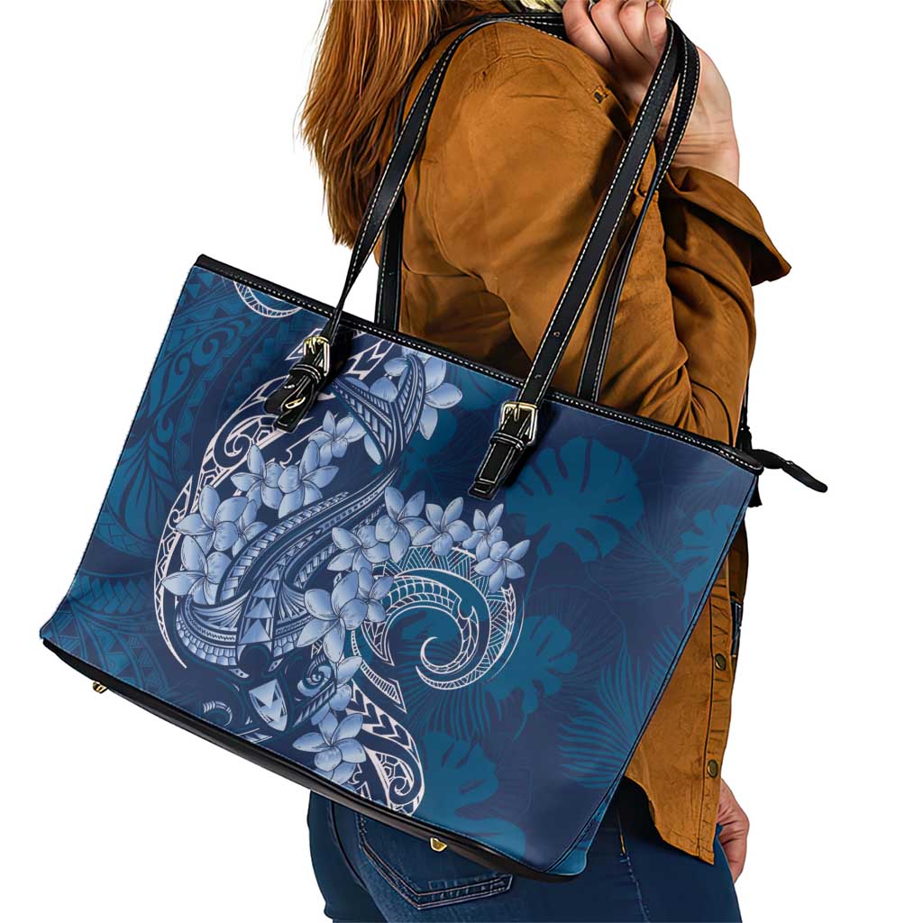 Navy Blue Polynesia Hammerhead Shark Tattoo With Plumeria Lei Leather Tote Bag