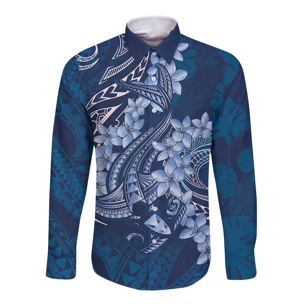 Navy Blue Polynesia Hammerhead Shark Tattoo With Plumeria Lei Long Sleeve Button Shirt