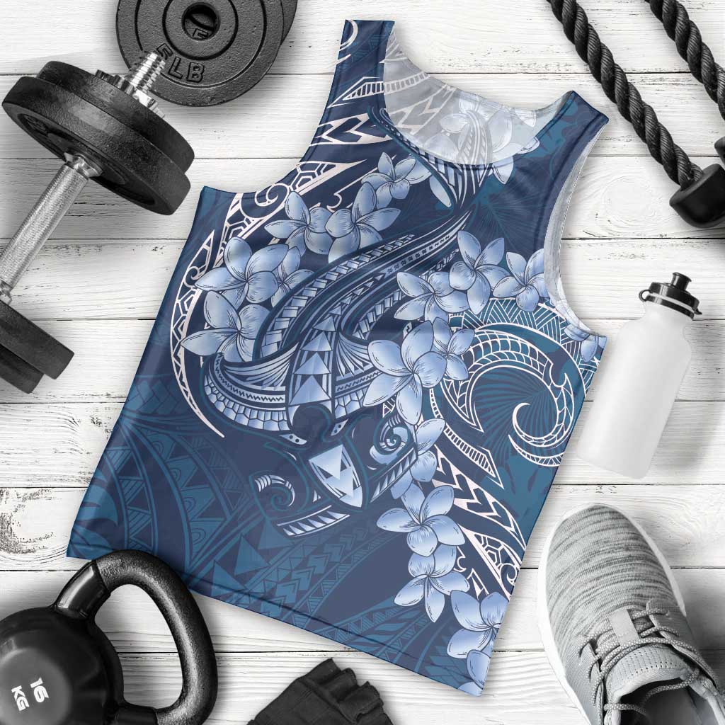 Navy Blue Polynesia Hammerhead Shark Tattoo With Plumeria Lei Men Tank Top