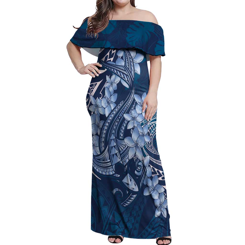 Navy Blue Polynesia Hammerhead Shark Tattoo With Plumeria Lei Off Shoulder Maxi Dress