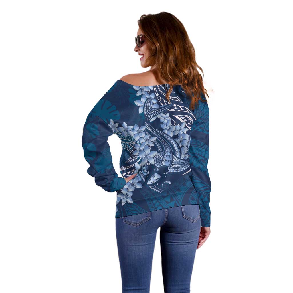 Navy Blue Polynesia Hammerhead Shark Tattoo With Plumeria Lei Off Shoulder Sweater