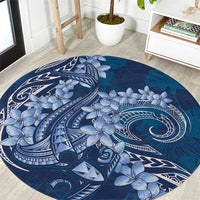 Navy Blue Polynesia Hammerhead Shark Tattoo With Plumeria Lei Round Carpet