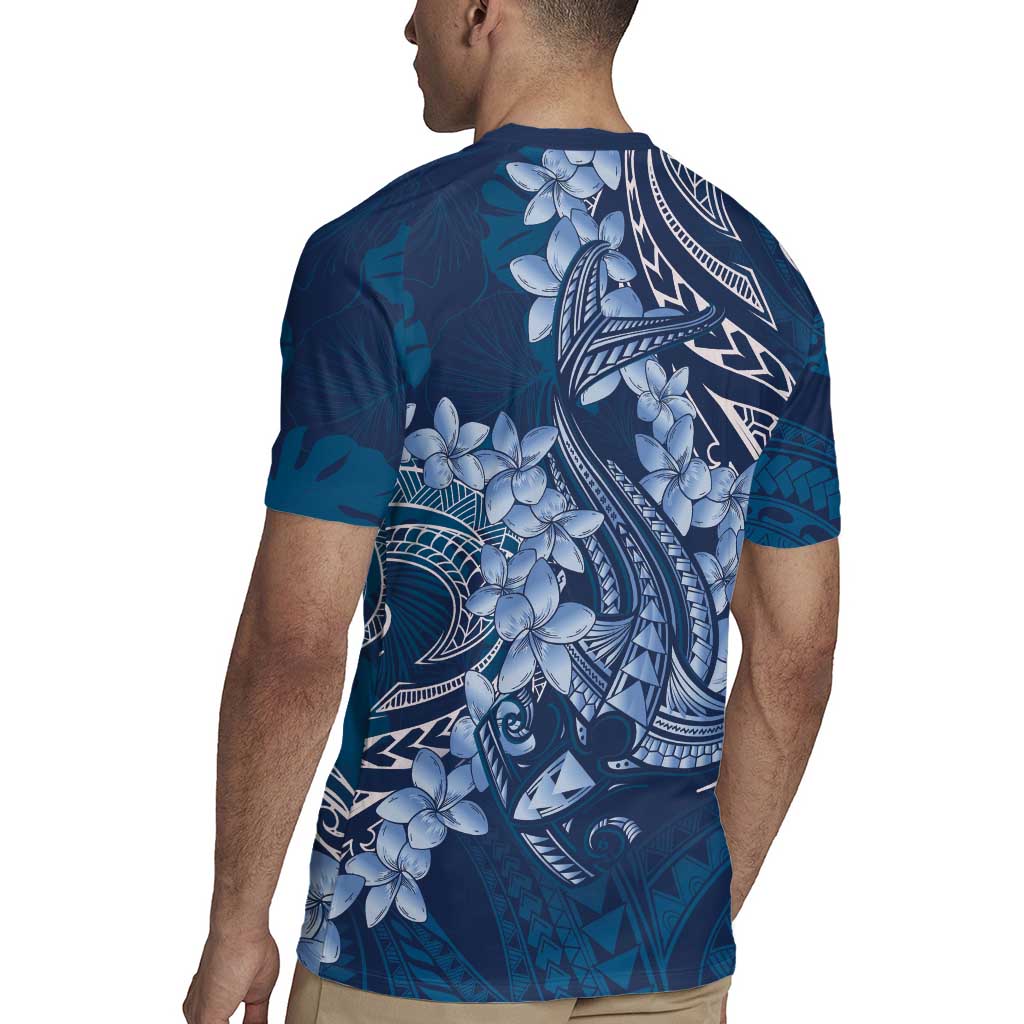 Navy Blue Polynesia Hammerhead Shark Tattoo With Plumeria Lei Rugby Jersey