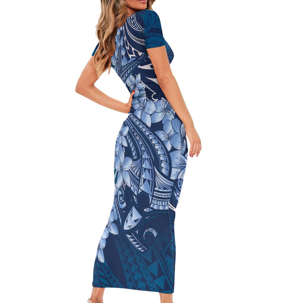 Navy Blue Polynesia Hammerhead Shark Tattoo With Plumeria Lei Short Sleeve Bodycon Dress