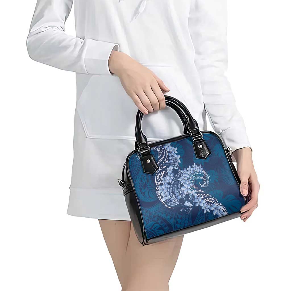 Navy Blue Polynesia Hammerhead Shark Tattoo With Plumeria Lei Shoulder Handbag