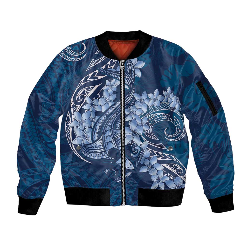 Navy Blue Polynesia Hammerhead Shark Tattoo With Plumeria Lei Sleeve Zip Bomber Jacket