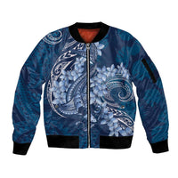 Navy Blue Polynesia Hammerhead Shark Tattoo With Plumeria Lei Sleeve Zip Bomber Jacket