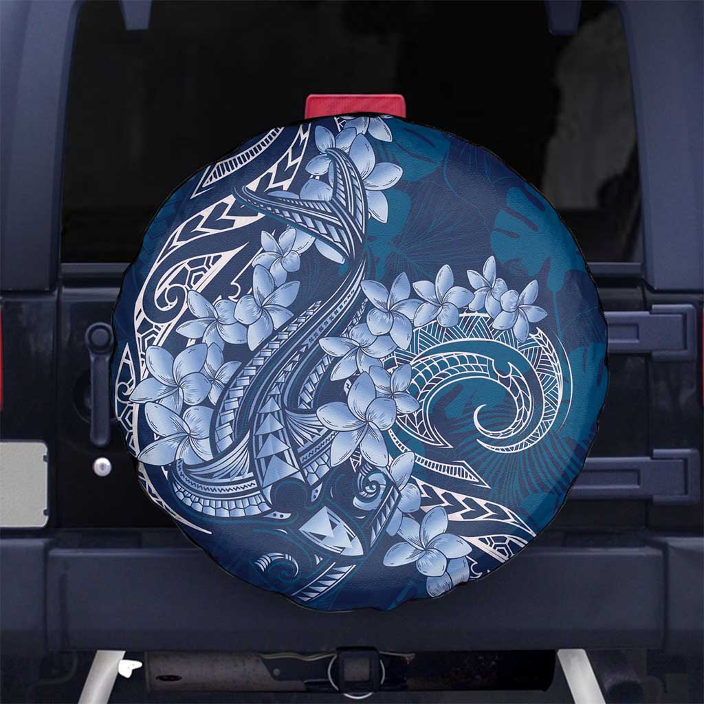 Navy Blue Polynesia Hammerhead Shark Tattoo With Plumeria Lei Spare Tire Cover